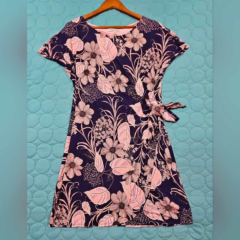 Robbie Bee Modern Floral Pink & Navy Wrap A-Line Dress Size L Macy's Size L